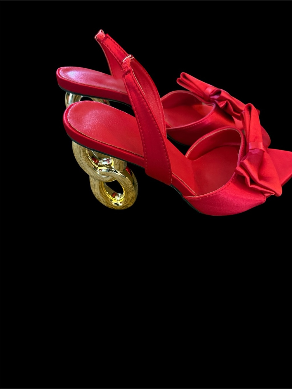 Red Satin Bow Slingback Heels with Gold Sculpted Heel